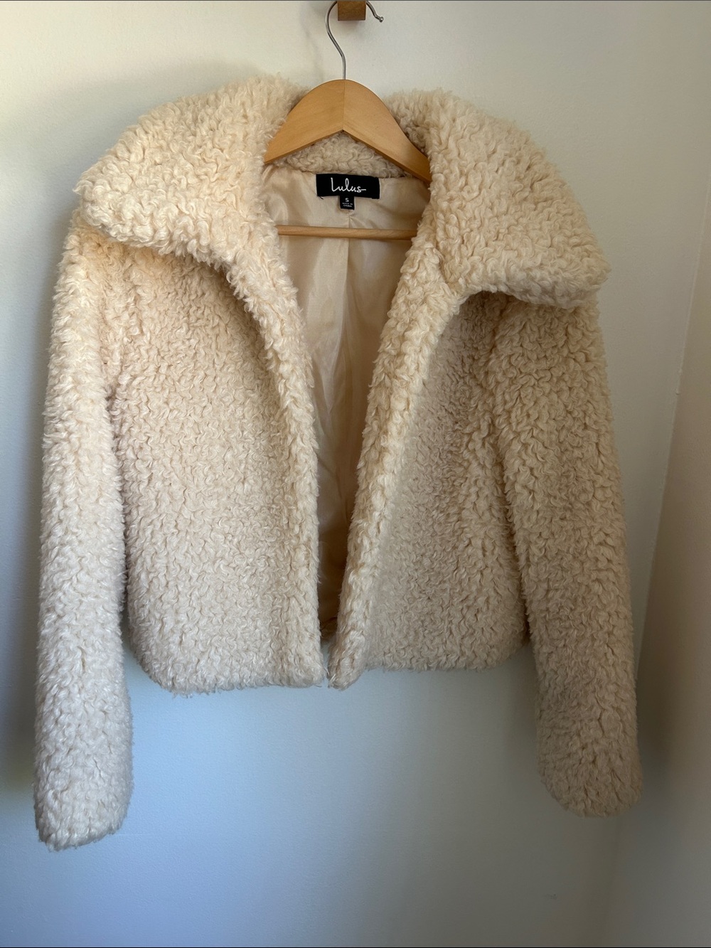 Lulus Cream Faux Shearling Teddy Jacket, Oversized Collar, Size S
